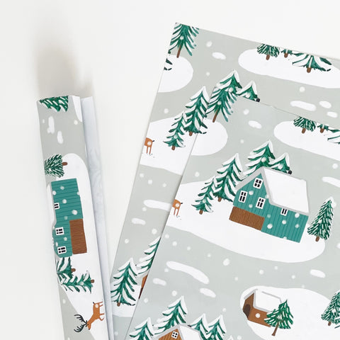 Little Log Cabins in the Snow Recyclable Wrapping Paper Set & Tags - 1 sheet & 1 tag - Lomond Paper Co - Made Scotland