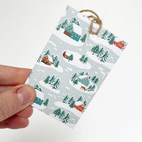 Little Log Cabins in the Snow Recyclable Wrapping Paper Set & Tags - 1 sheet & 1 tag - Lomond Paper Co - Made Scotland