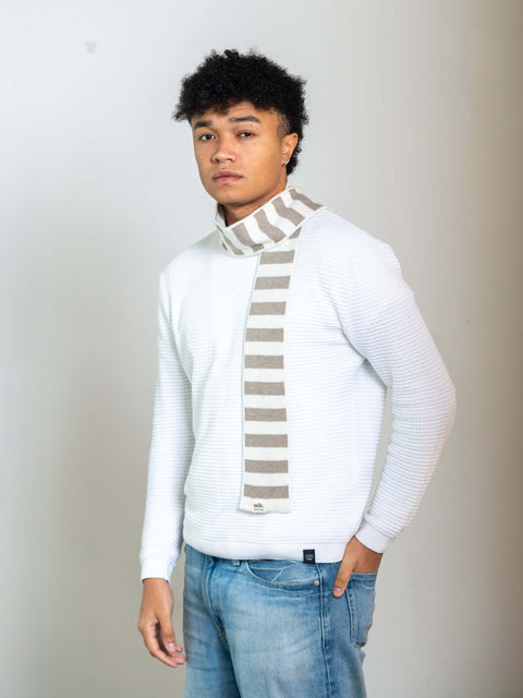 man wearing beige and cream skinny merino wool stripe scarf - Woolkind