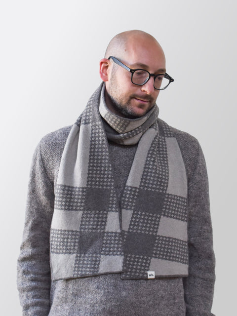 man wearing brown and beige knitted tartan merino wool scarf - Woolkind