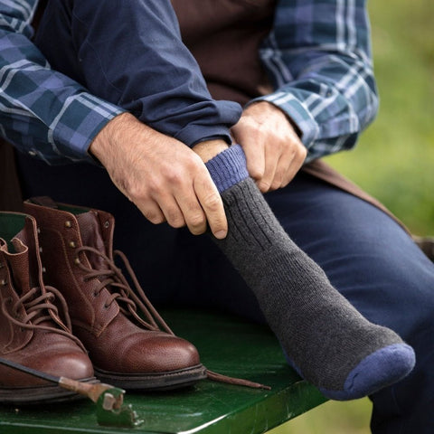 Men's Glen Walking Socks - Charcoal/Blue - House of Cheviot - Made Scotland