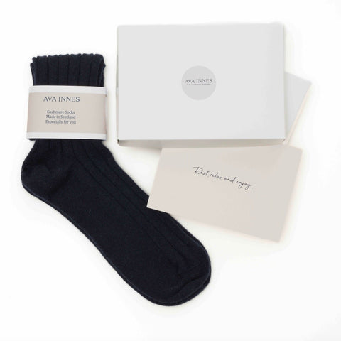 Men's Navy Luxury Ribbed Cashmere Socks - UK 7 - 9 - Ava Innes - Made Scotland