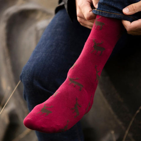 Men's Stag Socks - Burgundy - House of Cheviot - Made Scotland