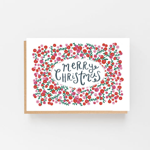 Merry Christmas - Pink & Red Berries - Set of 8 Cards Boxed - 3 Packs - Lomond Paper Co - Made Scotland