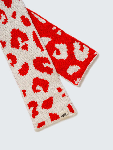 Narrow Leopard Print Scarf - Fire Red - Woolkind - Made Scotland