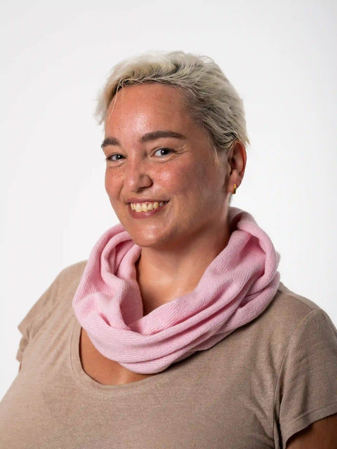 woman wearing pink merino wool infinity scarf - Woolkind