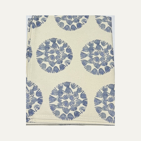 Rebecca Plater organic cotton tea towel in blue, Machair Clock design