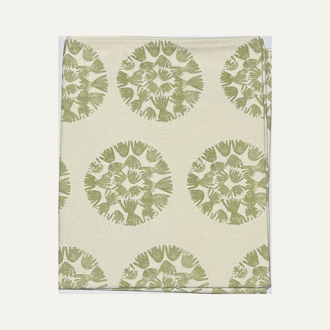 Rebecca Plater organic cotton tea towel in moss green, Machair Clock design