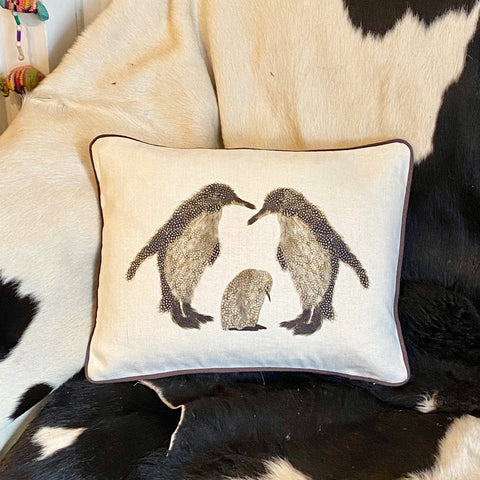 RECTANGULAR CUSHION - Penguins with baby in White (Charcoal Piping) - No Inner - Just the Cover - Chloe Gardner - Made Scotland