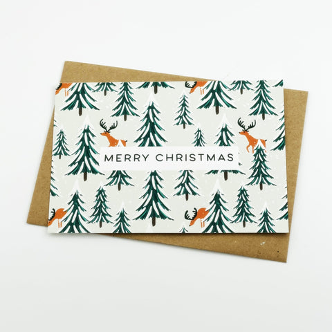 Reindeer and Christmas Trees Merry Christmas cards - Pack of 8 cards - 3 Packs - Lomond Paper Co - Made Scotland