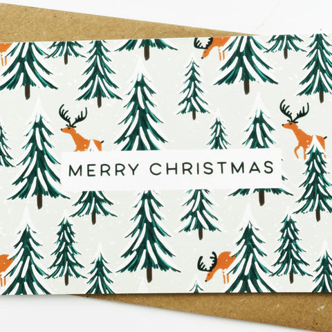 Reindeer and Christmas Trees Merry Christmas cards - Pack of 8 cards - 3 Packs - Lomond Paper Co - Made Scotland