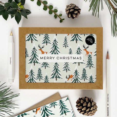 Reindeer and Christmas Trees Merry Christmas cards - Pack of 8 cards - 3 Packs - Lomond Paper Co - Made Scotland