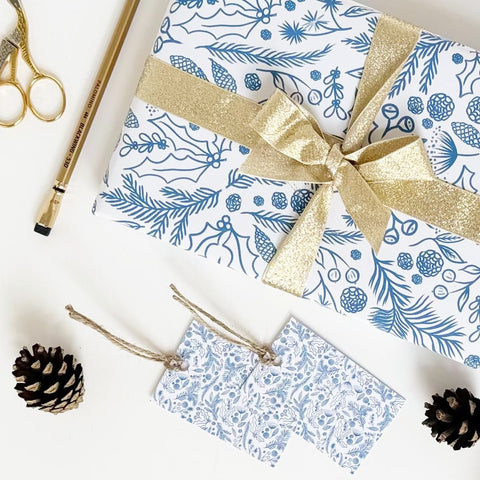 Season's Greetings Blue Gift Wrap - 1 sheet & 1 tag - Lomond Paper Co - Made Scotland