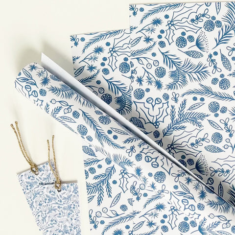 Season's Greetings Blue Gift Wrap - 1 sheet & 1 tag - Lomond Paper Co - Made Scotland