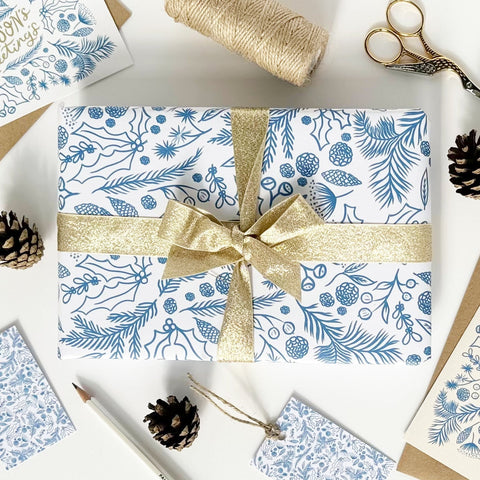 Season's Greetings Blue Gift Wrap - 1 sheet & 1 tag - Lomond Paper Co - Made Scotland