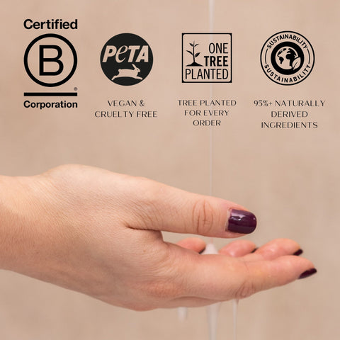 Hand outstretched with shampoo being poured into the palm, surrounded by sustainability and ethical certification logos on a beige background.