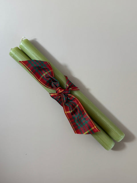 Shearer Taper Candles Tied with Tartan Ribbon - Sage Green - Shearer Candles - Made Scotland