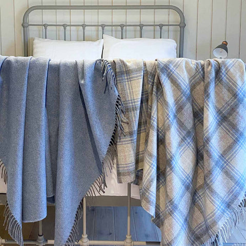 Speyside Grey Blue Check Merino Wool Blanket - Medium - Ava Innes - Made Scotland