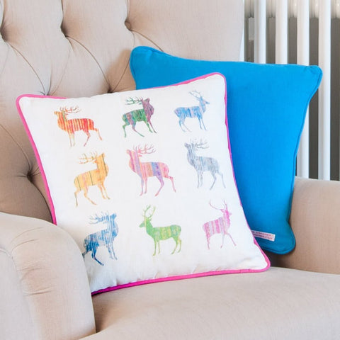 SQUARE COTTON CUSHION - Nine Stag Design (Pink Piping) SP23 - Chloe Gardner - Made Scotland