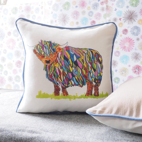 SQUARE CUSHION - Bright Highland Cow Looking Left Cushion - No Inner - Just the Cover - Chloe Gardner - Made Scotland