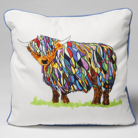 SQUARE CUSHION - Bright Highland Cow Looking Left Cushion - No Inner - Just the Cover - Chloe Gardner - Made Scotland