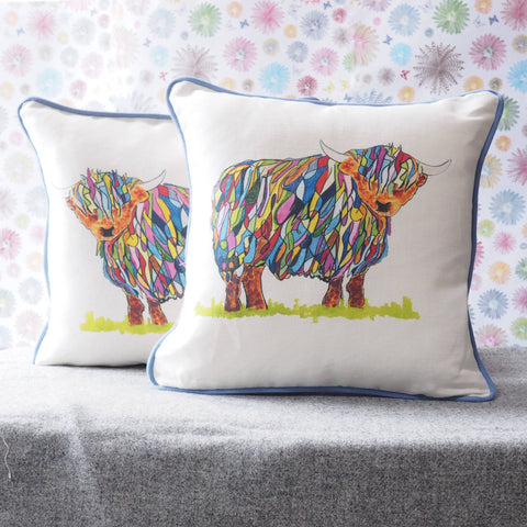 SQUARE CUSHION - Bright Highland Cow Looking Right Cushion - No Inner - Just the Cover - Chloe Gardner - Made Scotland