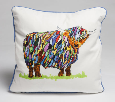 SQUARE CUSHION - Bright Highland Cow Looking Right Cushion - No Inner - Just the Cover - Chloe Gardner - Made Scotland