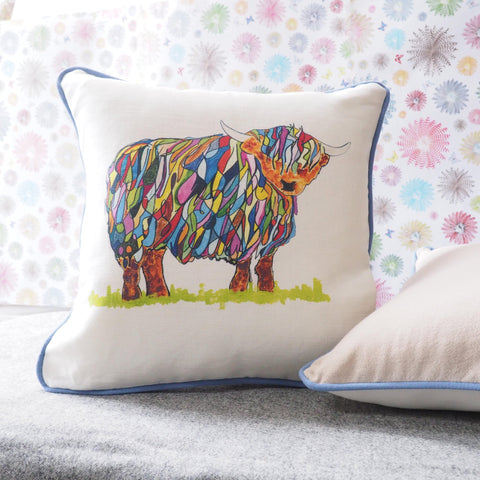 SQUARE CUSHION - Bright Highland Cow Looking Right Cushion - No Inner - Just the Cover - Chloe Gardner - Made Scotland