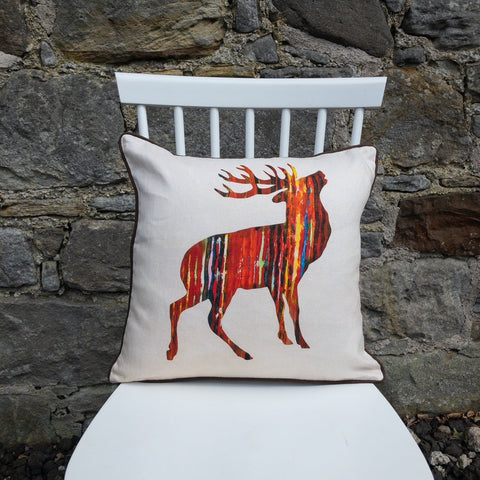 SQUARE CUSHION - Brown Stag on Natural Background (R4F0 05/24) - No Inner - Just the Cover - Chloe Gardner - Made Scotland