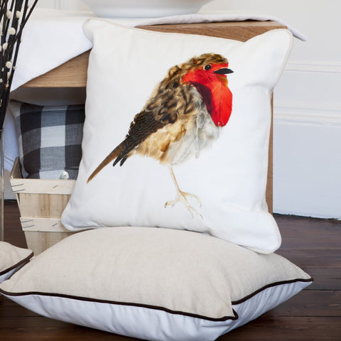 SQUARE CUSHION - Feathery Robin - No Inner - Just the Cover - Chloe Gardner - Made Scotland