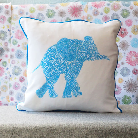 SQUARE CUSHION - Fluoro blue Elephant Facing Right - No Inner - Just the Cover - Chloe Gardner - Made Scotland