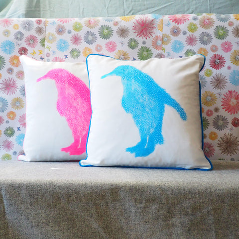 SQUARE CUSHION - Fluoro Blue Penguin Facing Left with blue trim (Blue Piping) - No Inner - Just the Cover - Chloe Gardner - Made Scotland