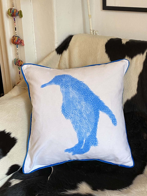 SQUARE CUSHION - Fluoro Blue Penguin Facing Left with blue trim (Blue Piping) - No Inner - Just the Cover - Chloe Gardner - Made Scotland