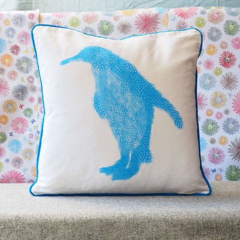 SQUARE CUSHION - Fluoro Blue Penguin Facing Left with blue trim (Blue Piping) - No Inner - Just the Cover - Chloe Gardner - Made Scotland