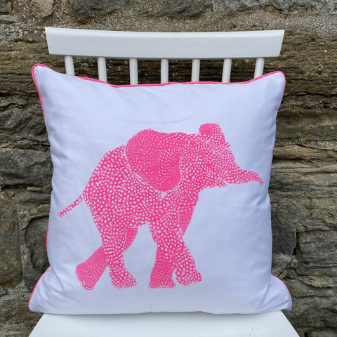 SQUARE CUSHION - Fluoro pink Elephant Facing Right - No Inner - Just the Cover - Chloe Gardner - Made Scotland