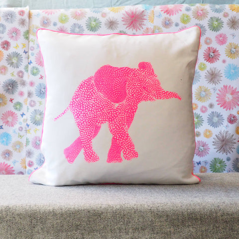 SQUARE CUSHION - Fluoro pink Elephant Facing Right - No Inner - Just the Cover - Chloe Gardner - Made Scotland