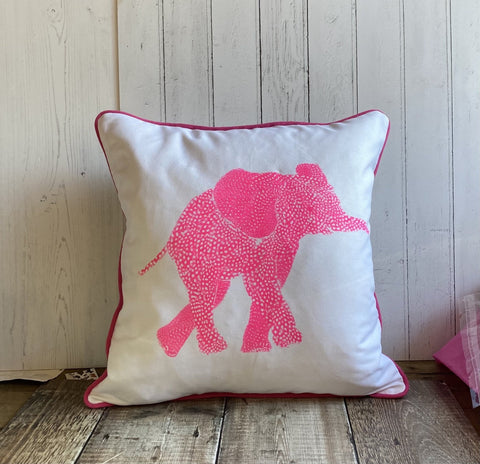 SQUARE CUSHION - Fluoro pink Elephant Facing Right - No Inner - Just the Cover - Chloe Gardner - Made Scotland