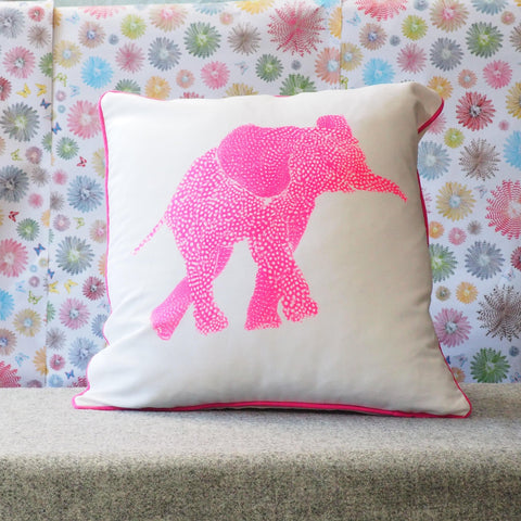 SQUARE CUSHION - Fluoro pink Elephant Facing Right - No Inner - Just the Cover - Chloe Gardner - Made Scotland