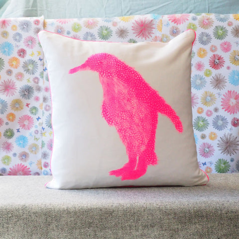 SQUARE CUSHION - Fluoro pink Penguin Facing Left (Fluoro Pink Piping) - No Inner - Just the Cover - Chloe Gardner - Made Scotland