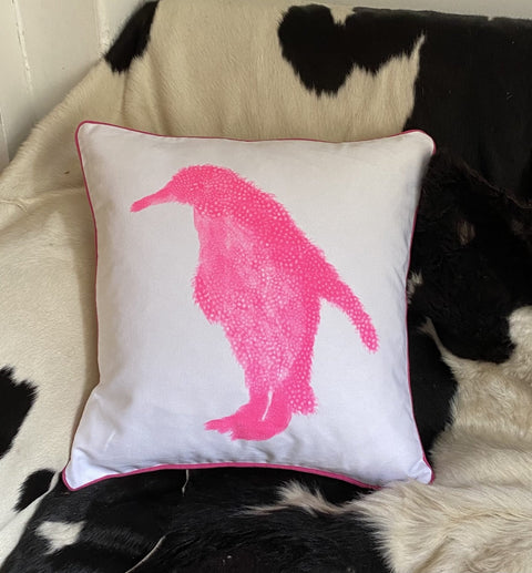 SQUARE CUSHION - Fluoro pink Penguin Facing Left (Fluoro Pink Piping) - No Inner - Just the Cover - Chloe Gardner - Made Scotland