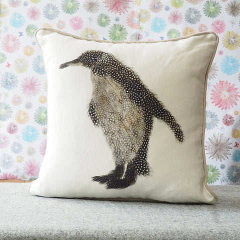 SQUARE CUSHION - Penguin Facing Right (Natural Piping) - No Inner - Just the Cover - Chloe Gardner - Made Scotland