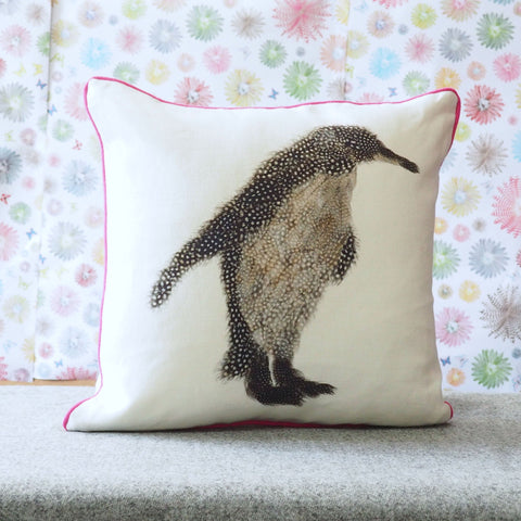 SQUARE CUSHION - Penguin Facing Right (Pink Piping) - No Inner - Just the Cover - Chloe Gardner - Made Scotland