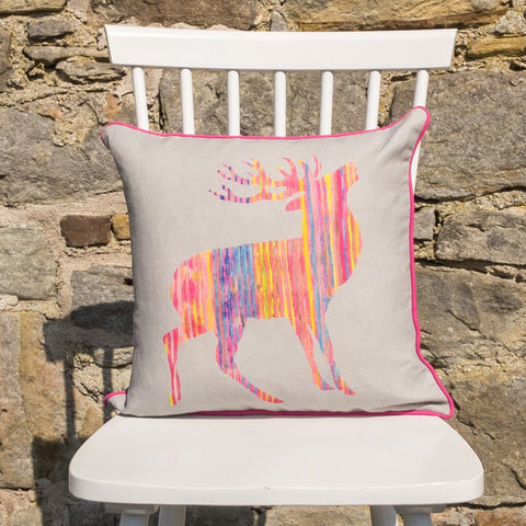 SQUARE CUSHION - Pink Stag on Grey (Pink Piping) - No Inner - Just the Cover - Chloe Gardner - Made Scotland