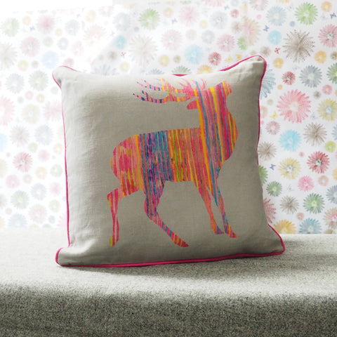 SQUARE CUSHION - Pink Stag on Grey (Pink Piping) - No Inner - Just the Cover - Chloe Gardner - Made Scotland