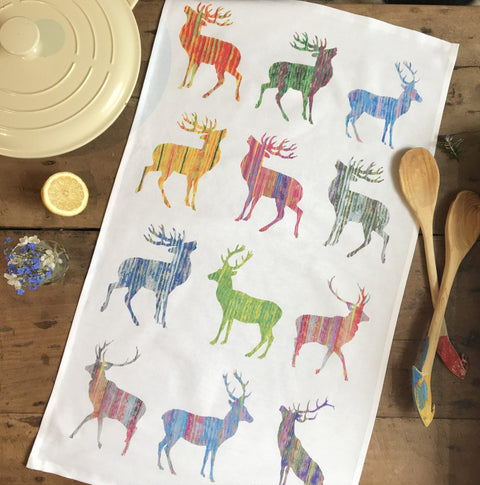 TEA TOWEL IN A GIFT BAG - Multi Stag - Chloe Gardner - Made Scotland