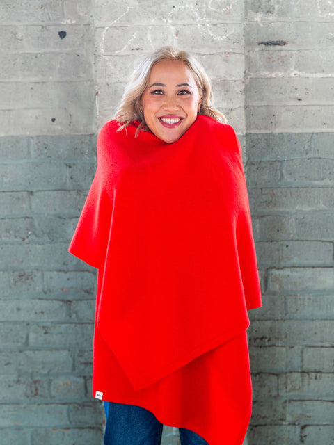 woman wearing oversized knitted red merino wool wrap - Woolkind