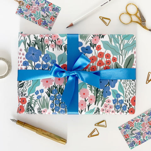 Blue Flower Meadow Recyclable Wrapping Paper Set - BLUE Eco Friendly Gift Wrap & Tags - 2 sheets & 2 tags - Lomond Paper Co - Made Scotland