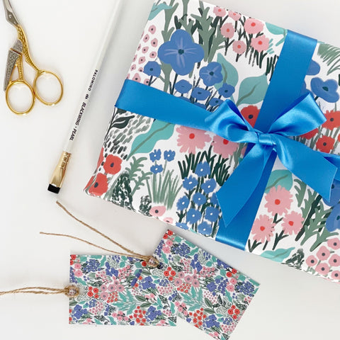 Blue Flower Meadow Recyclable Wrapping Paper Set - BLUE Eco Friendly Gift Wrap & Tags - 2 sheets & 2 tags - Lomond Paper Co - Made Scotland