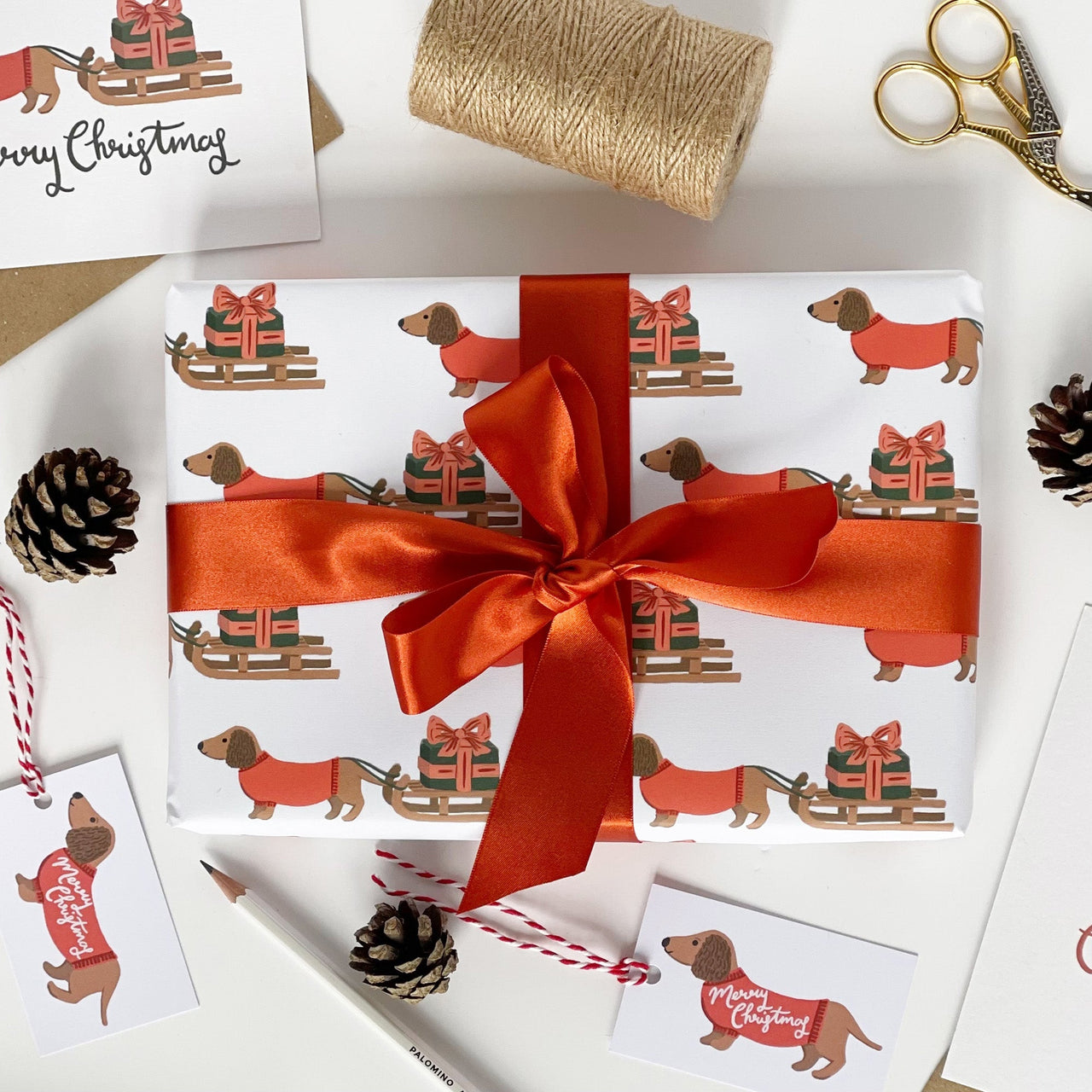 Christmas Dachshund and Sledge Gift Wrap & Tags - Made Scotland