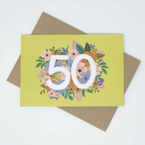 Colourful, Floral 50th Birthday Card - Lomond Paper Co - Made Scotland